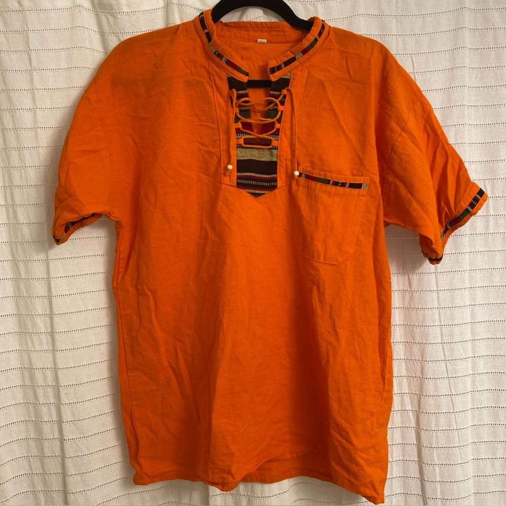 Guatemalan Men’s Large Orange Shirt Short Sleeve Colorful